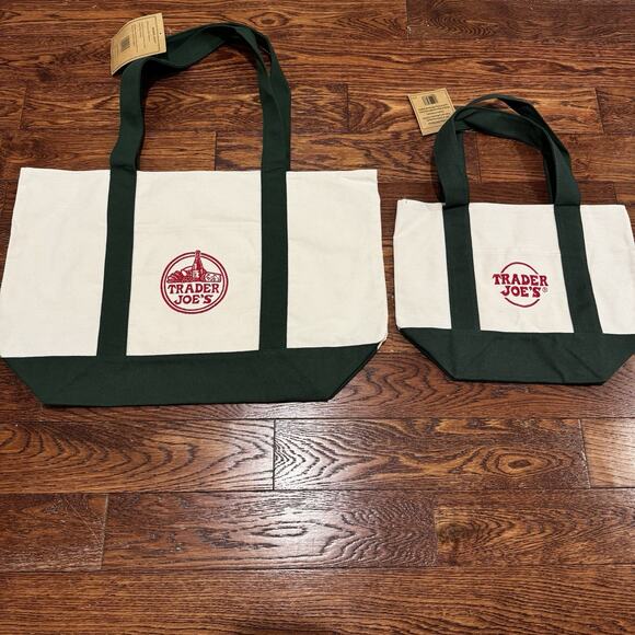 Mommy & Me NEW Trader Joe's Canvas Tote Bags Embroidered Reusable Pockets Green - Picture 16 of 16